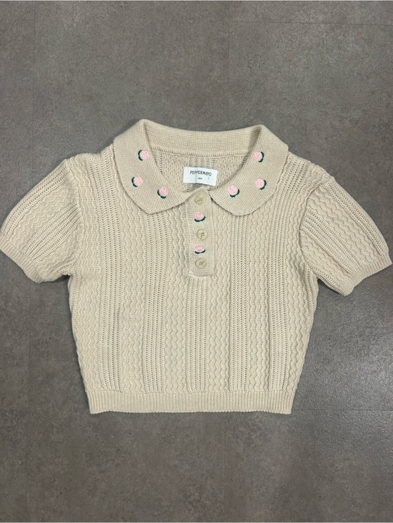 Peppermayo Tops - Peppermayo Aubrielle Knit Collar Top Cream Rose Embroidered XS/S